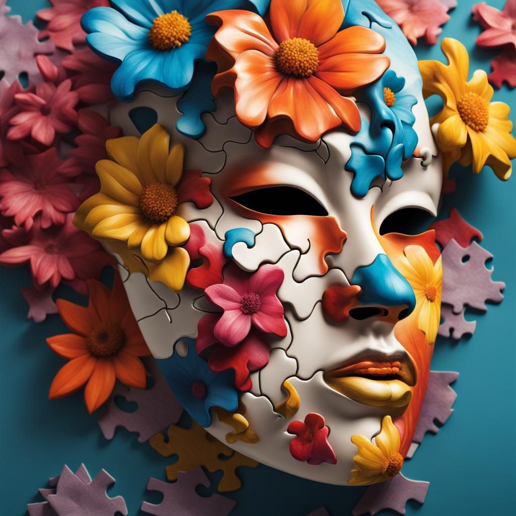 Floral Puzzle Mask in Hyperrealistic Splash Art