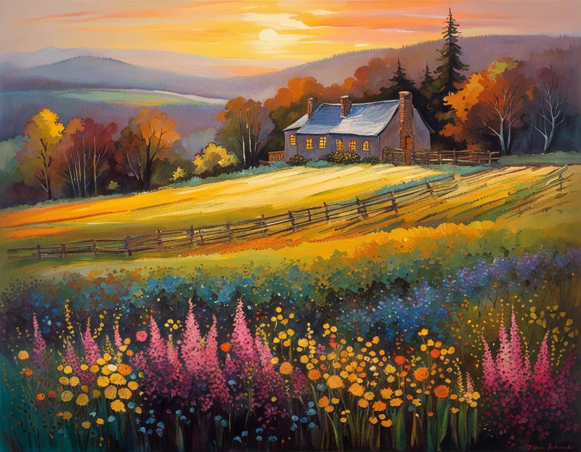 Romantic Spring Dawn Glow Over Manor House