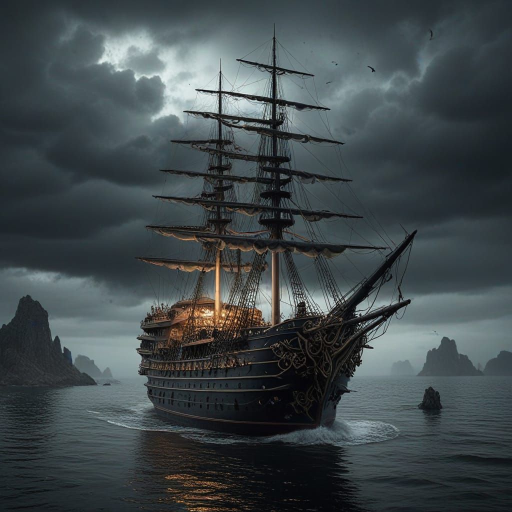 A huge super luxury yacht, in a gothic style of skulls and b...