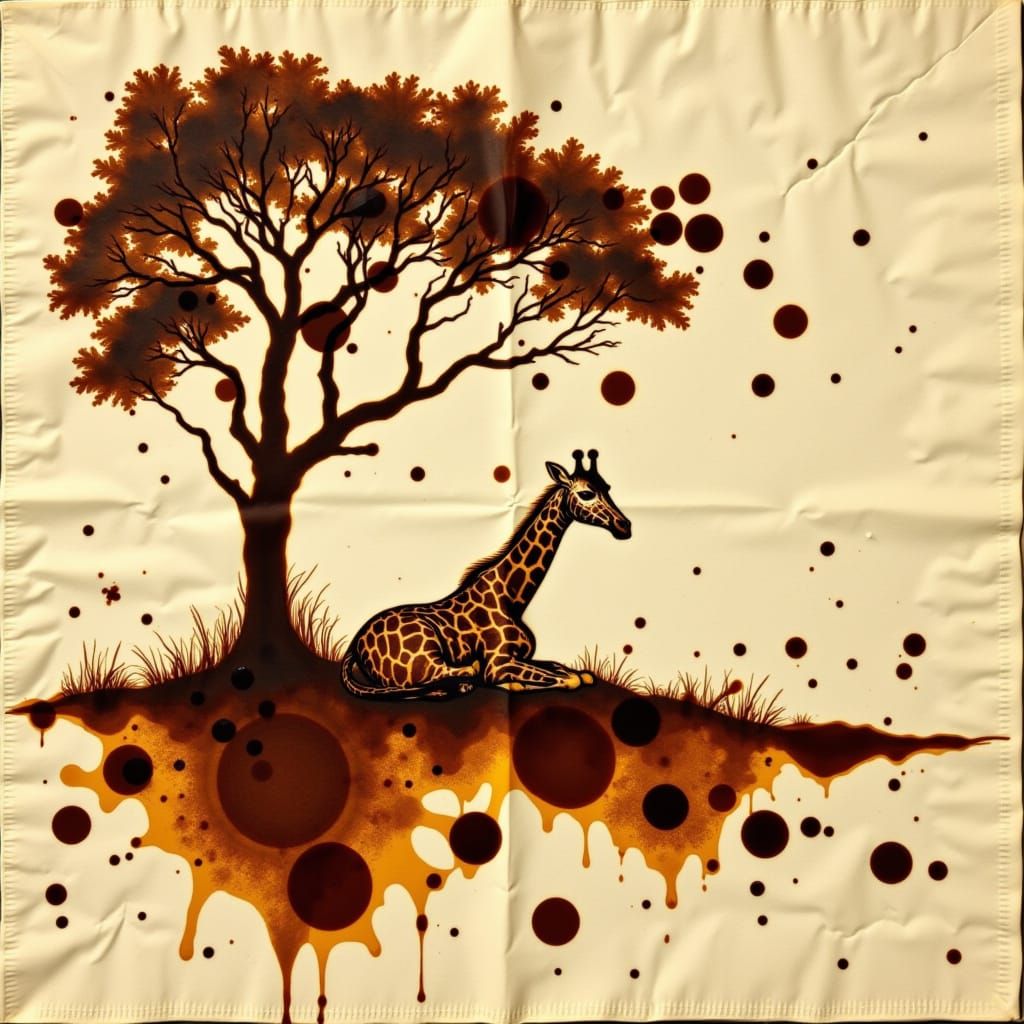 Giraffe Resting Under Tree Made of Coffee Stains