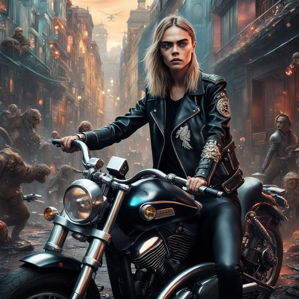 Cara Delevingne in Black Leather Jacket Art