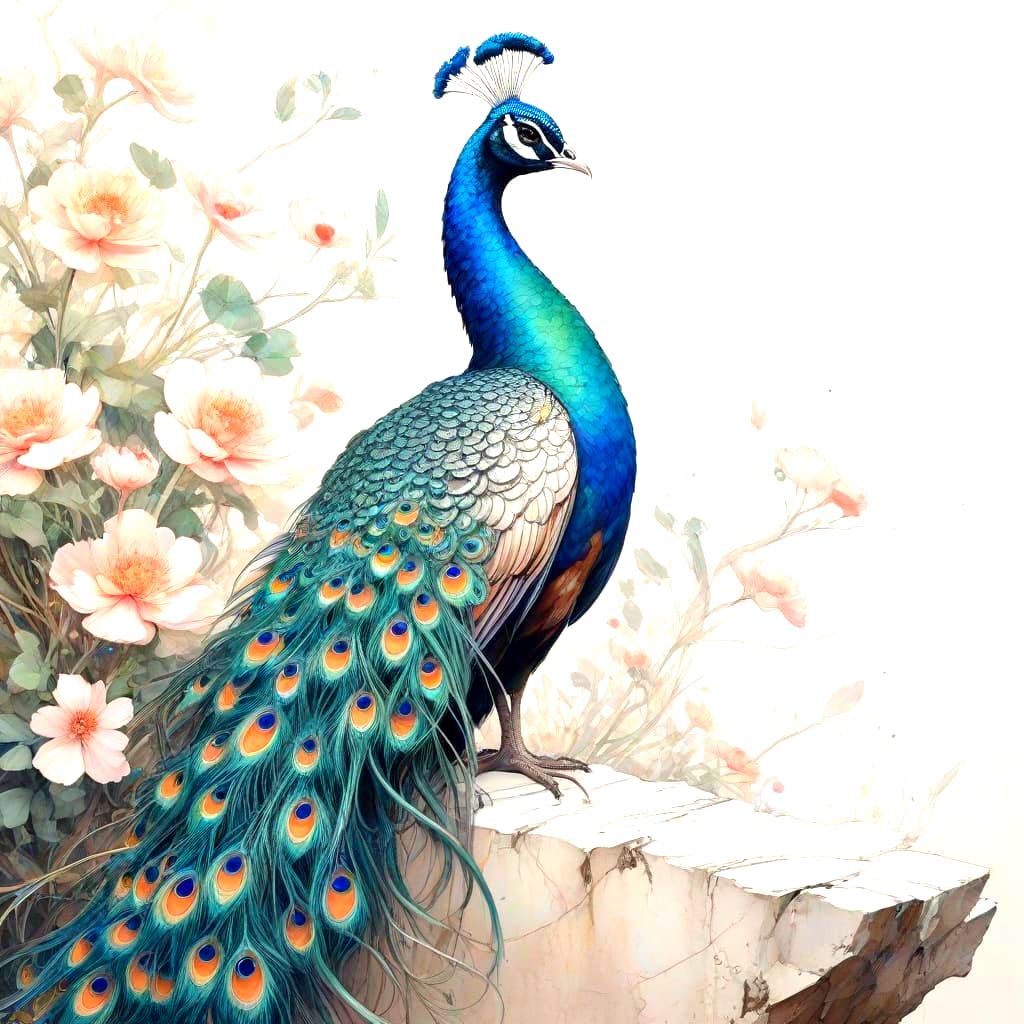 Surreal Garden Peacock with Iridescent Feathers in Whimsical...