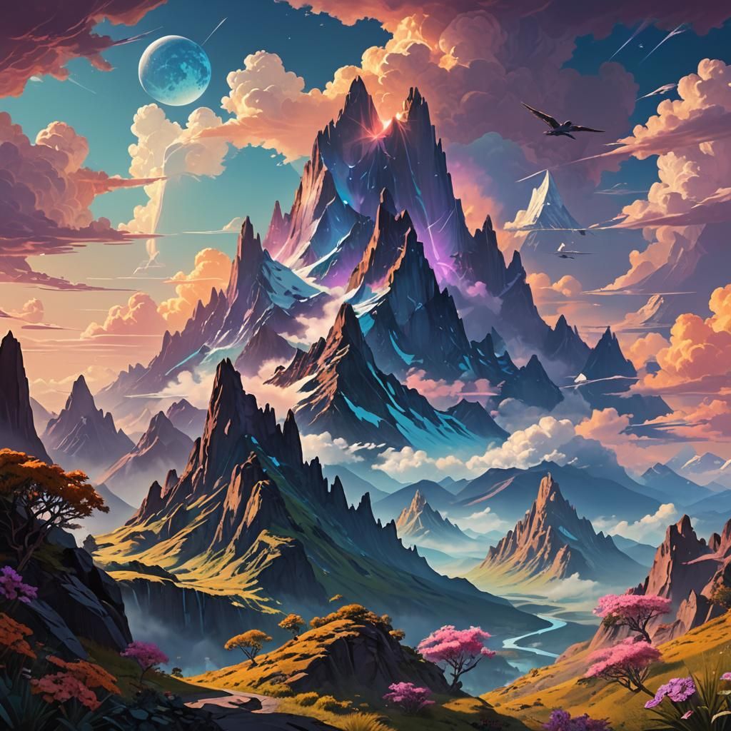 Celestial Beings Soaring Over Mountain Peaks