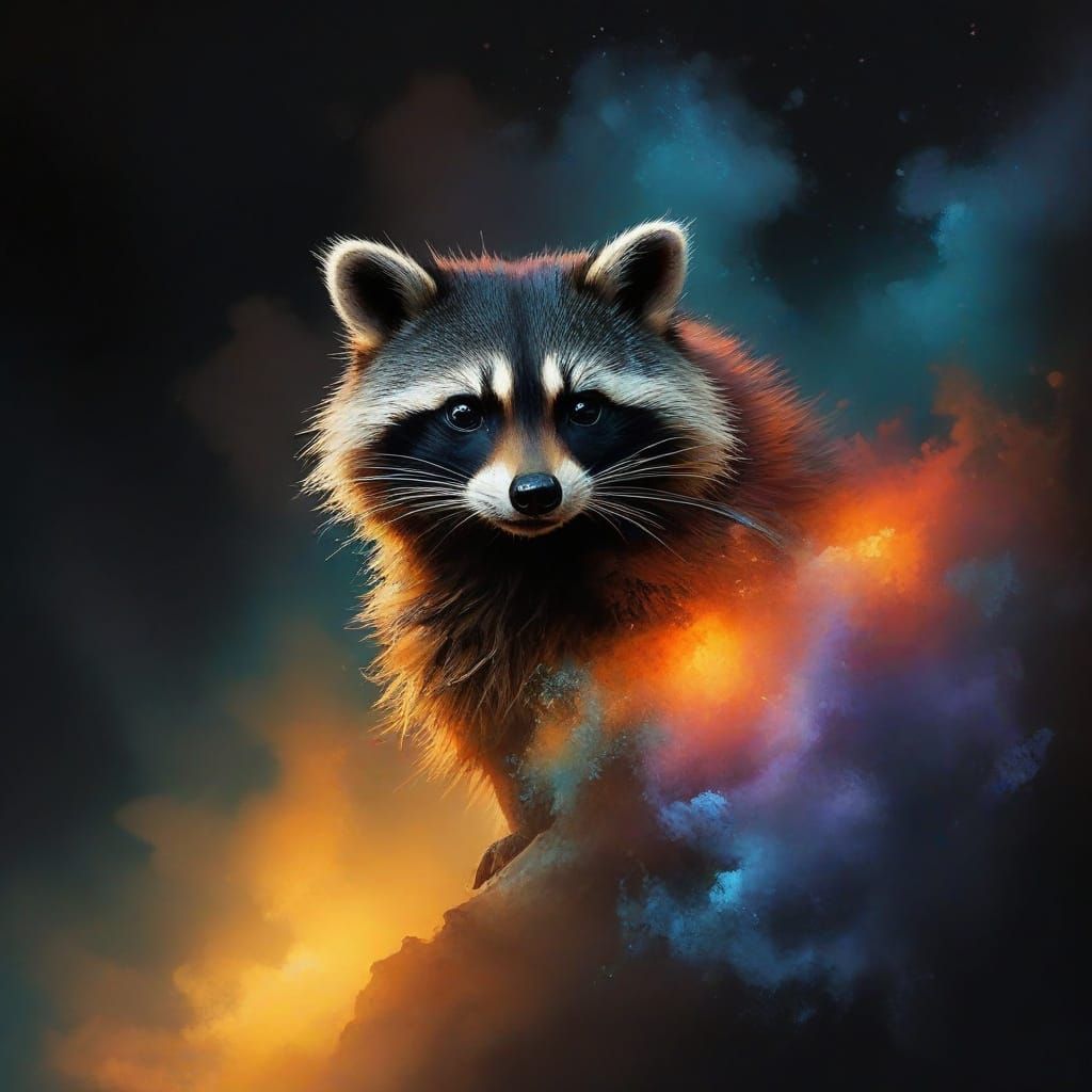 Whimsical Raccoon in Vibrant Colored Mist
