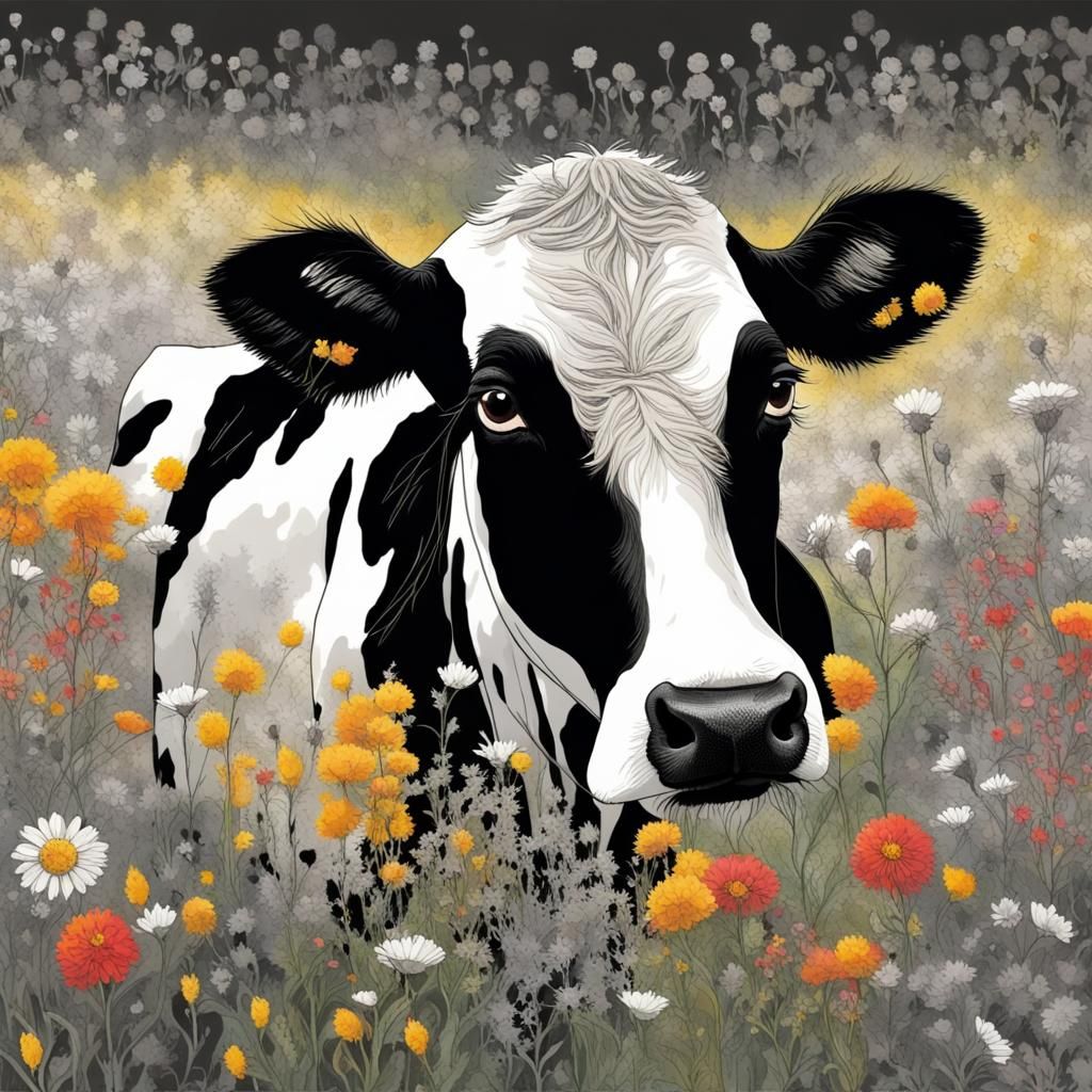 Black and White Cow in Abstract Flower Field