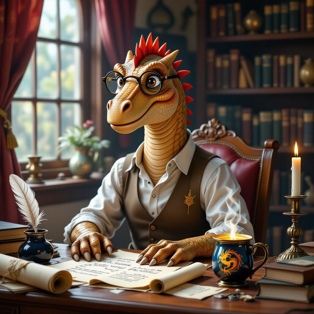 Anthropomorphic Brontosaurus at Cozy Desk in Soft Realism