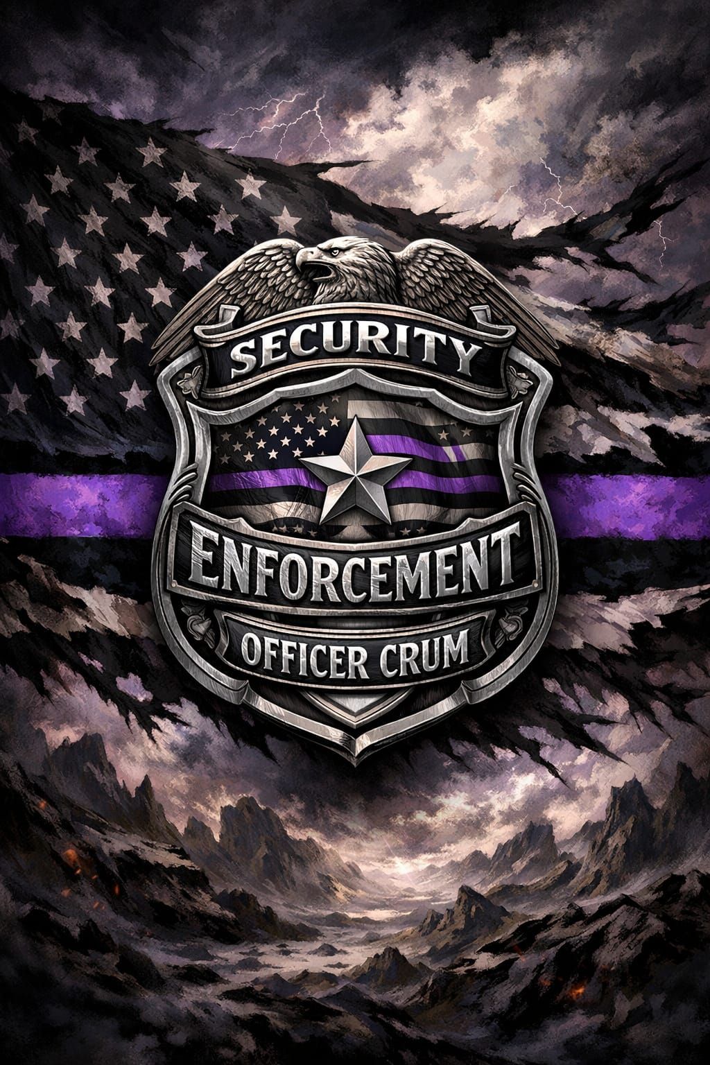 Officer Crum Security Badge on Distressed Purple Flag