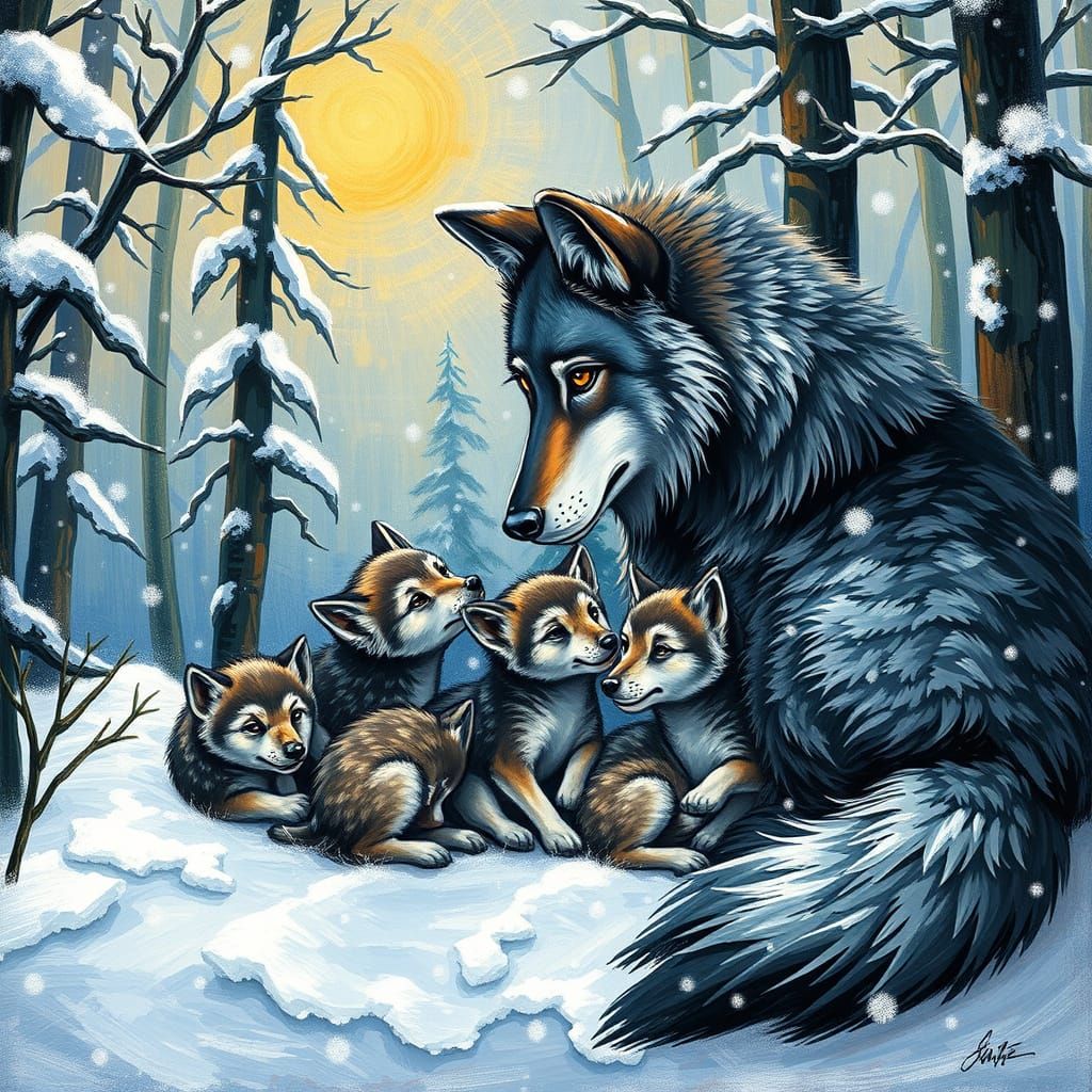 Tiny Baby Wolves with Mother in Winter Wonderland