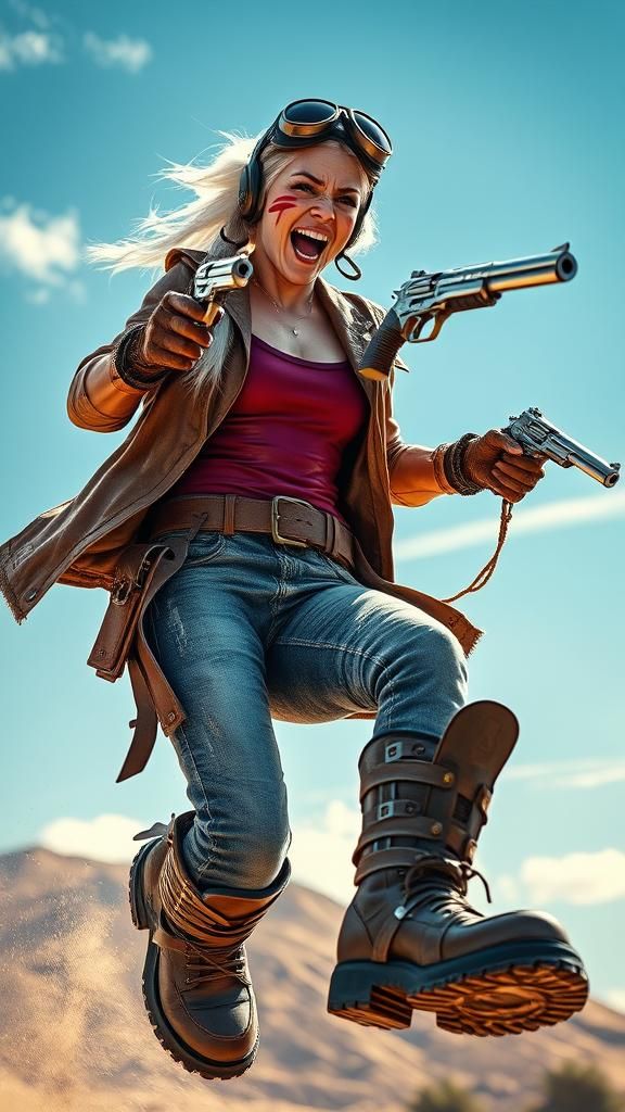 Fierce Woman with Mechanical Boots Shoots Pistols