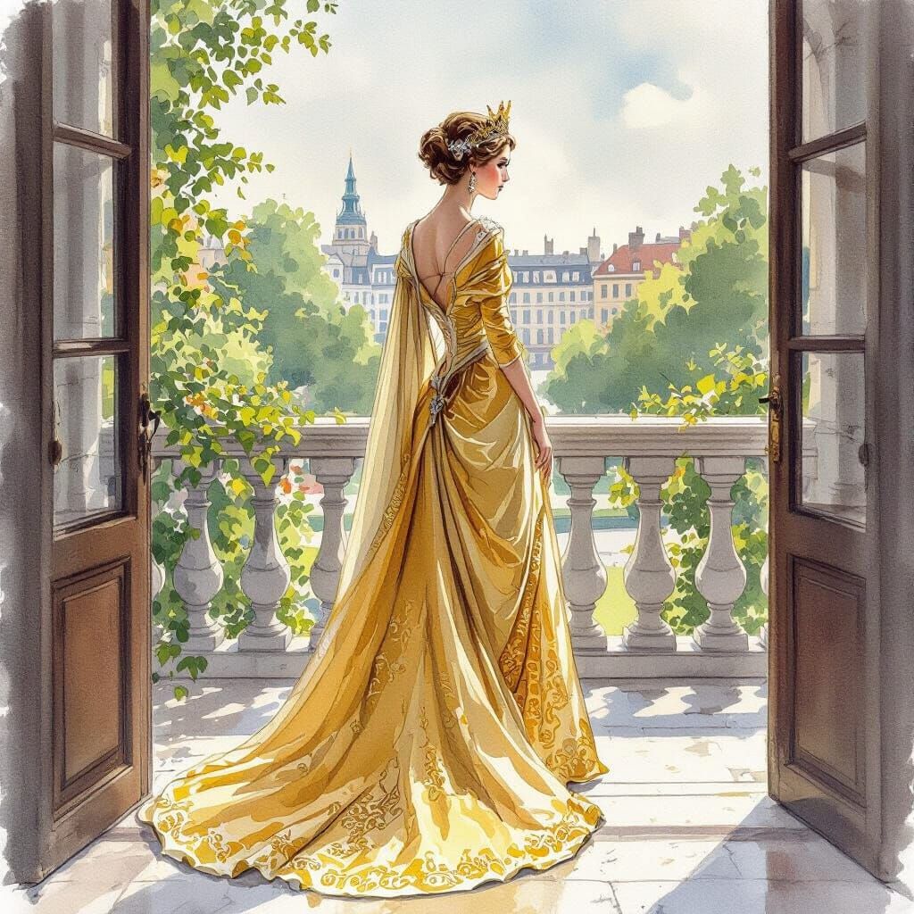 Queen in Gilded Gown Gazes at Childhood Garden