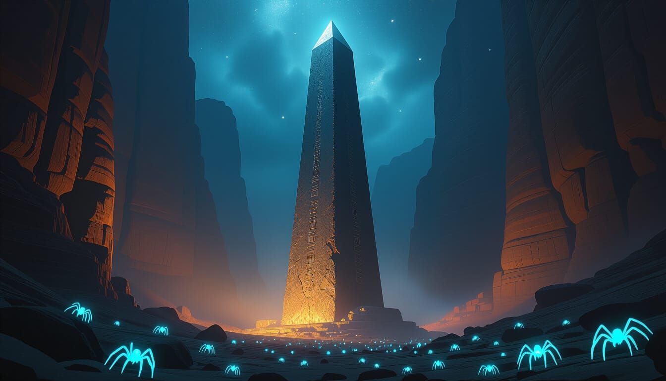 An ancient obelisk at the edge of a vast canyon