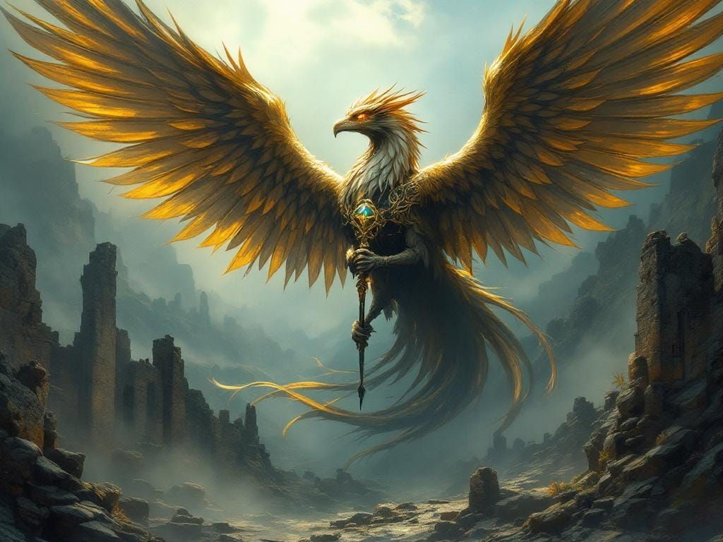 Celtic Griffin Soaring Over Ancient Ruins