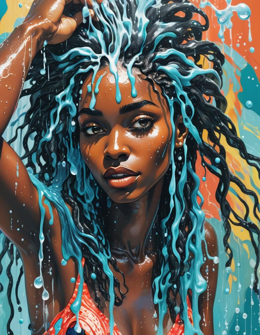 Pop Art Portrait: Woman Washing Hair in Shower