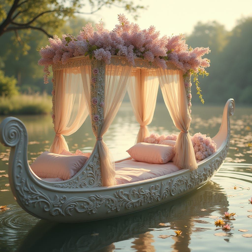 Rococo Gondola Serenely Afloat on a Tranquil Lake in Soft Pa...