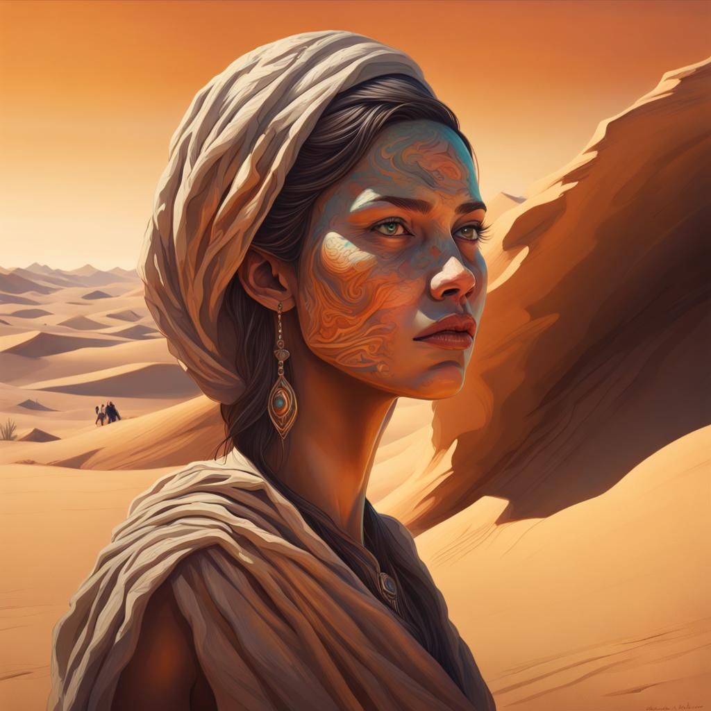 A haunting transformation in the desert sands, where a woman and the arid landscape become one.