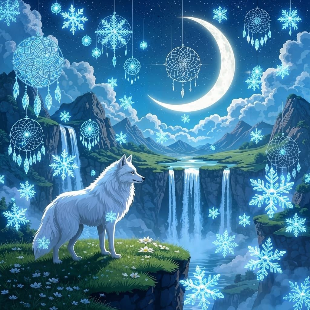 White Wolf by Waterfall Under Moonlight with Mandalas