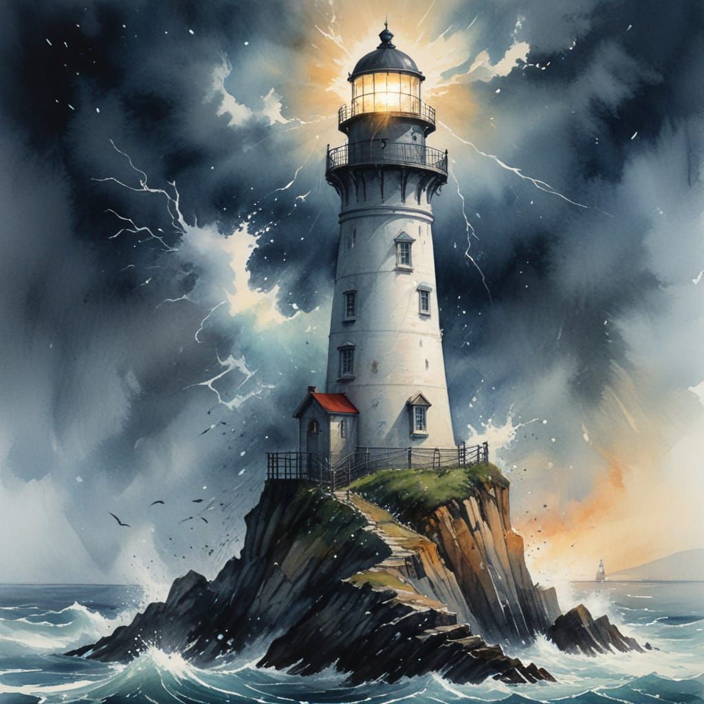 Lighthouse in Stormy Seas: Watercolour Illustration