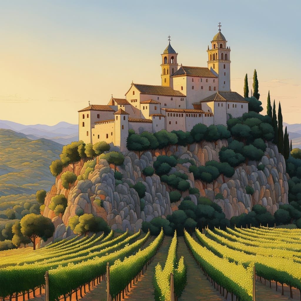 Medieval Monastery in Catalan Vineyards at Magic Hour