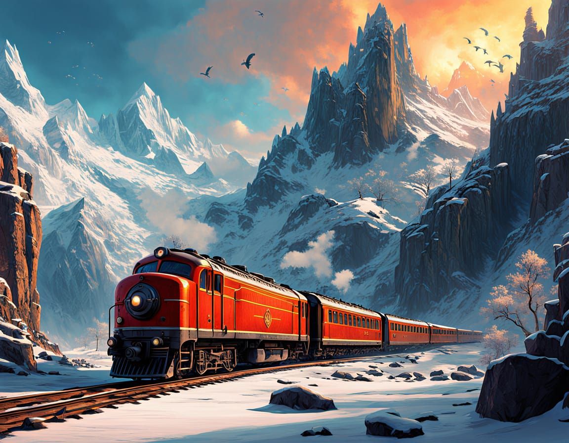 Vivid Red Steam Train in Snowy Mountain Landscape at Sunset