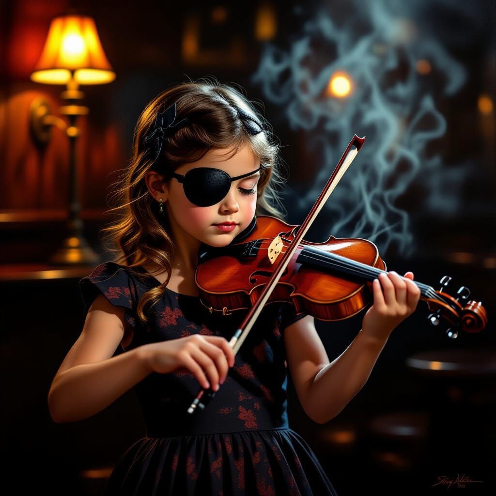 Girl with Eyepatch Plays Violin in Smoky Jazz Bar