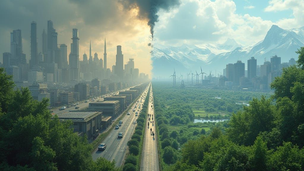 Split scene showing human impact on global warming (left) and solutions (right). Left: smoky industrial city, traffic co...
