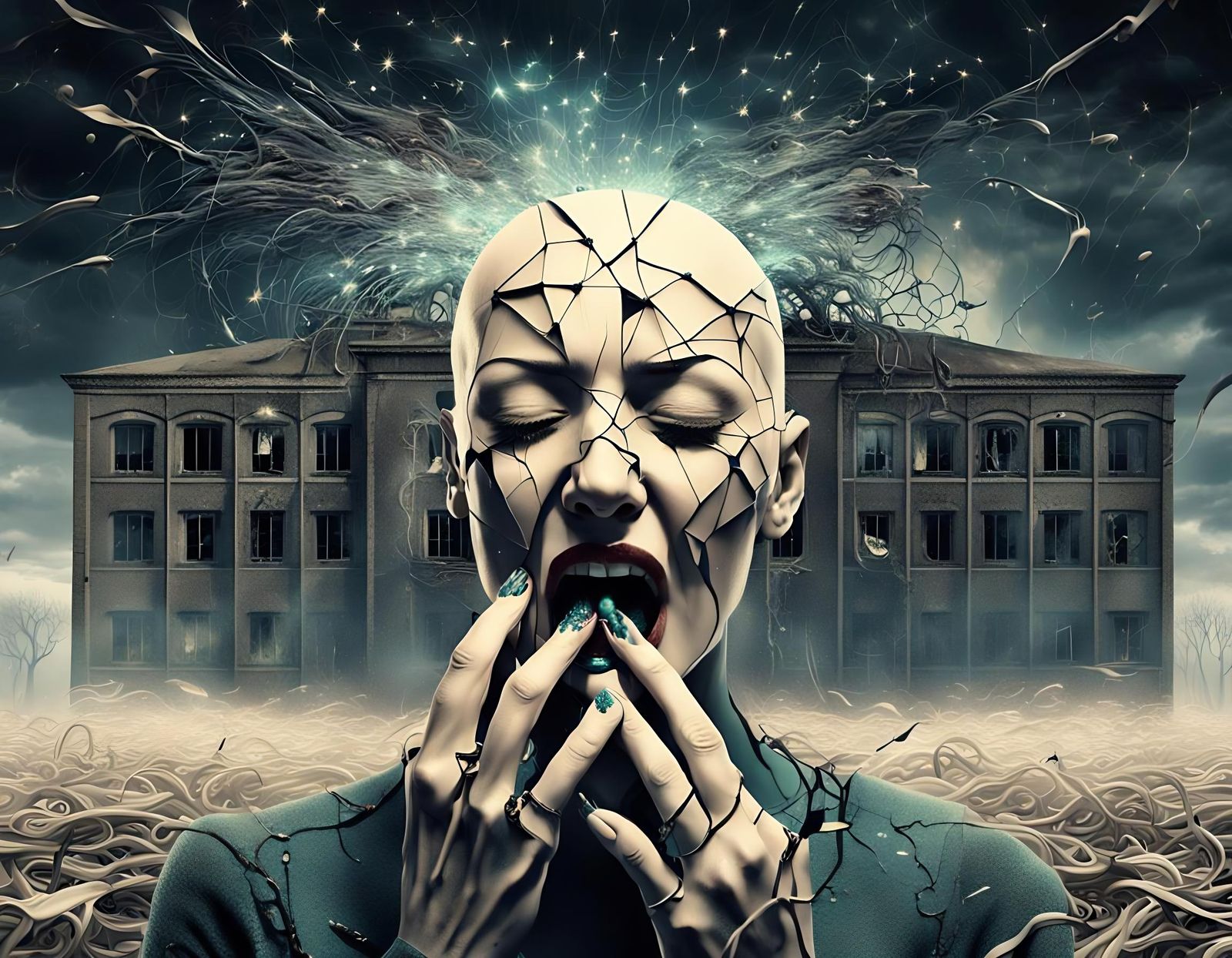 Emotional Surrealism: Crying Woman in Derelict Hospital