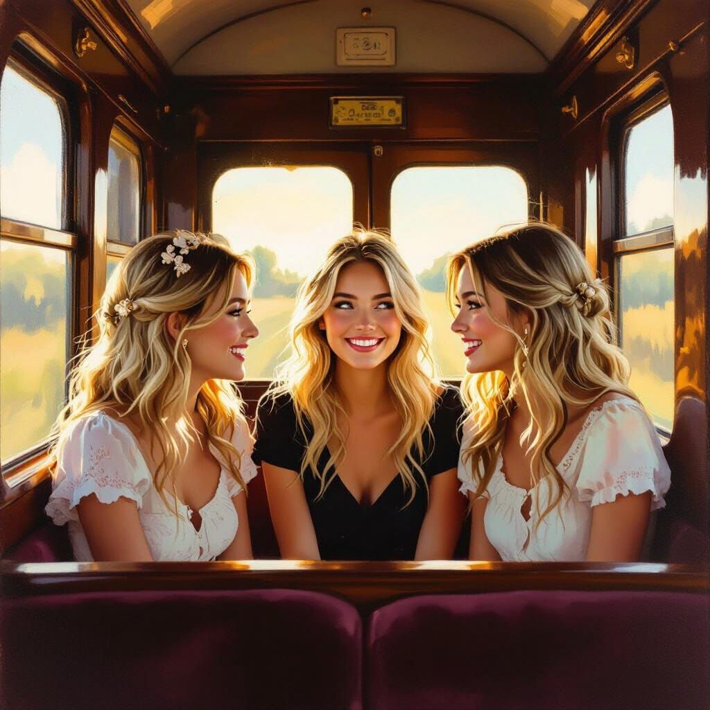 Friends Chatting on a Vintage Train in Golden Hour Light