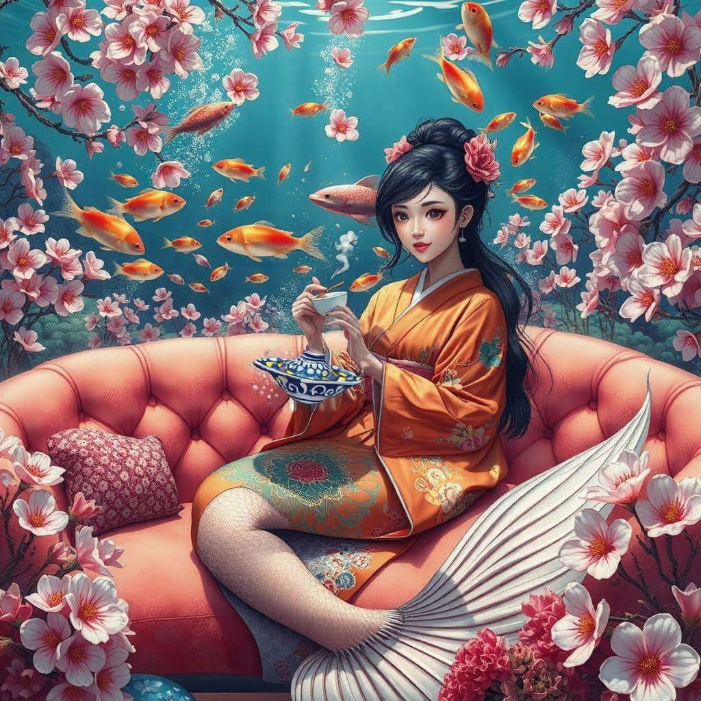 Underwater Mermaid Sushi Feast in Hyperreal Style