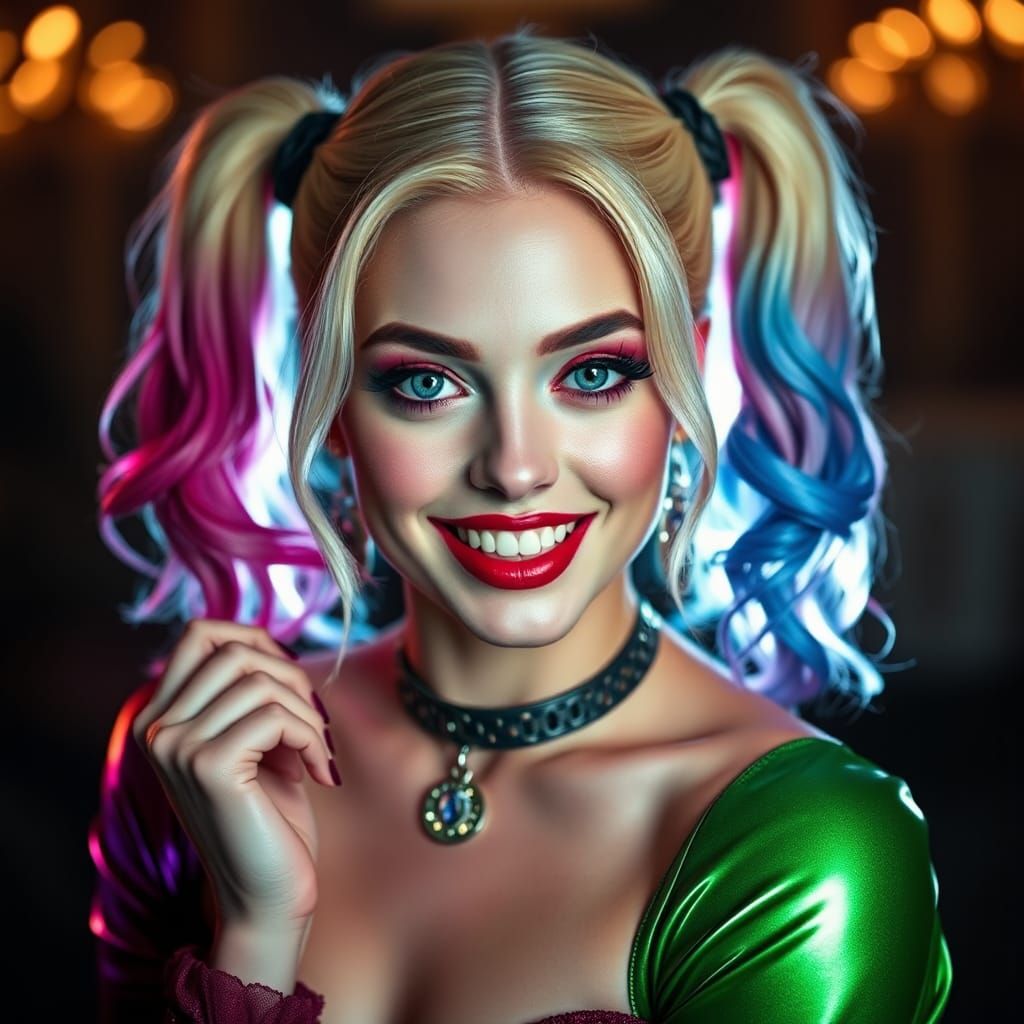 Hyperrealistic Harley Quinn Portrait: Vibrant and Radiant
