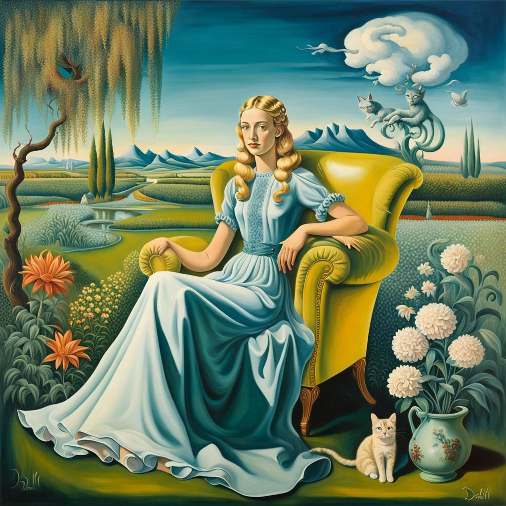 Smiling Woman with Cat in Surrealist Garden