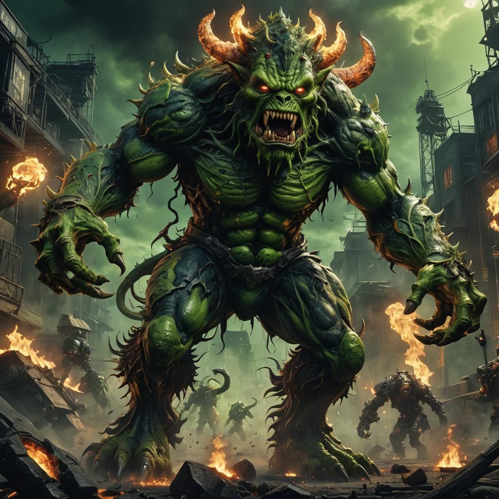 Diabolical Green Monster Farting in Hellish Landscape