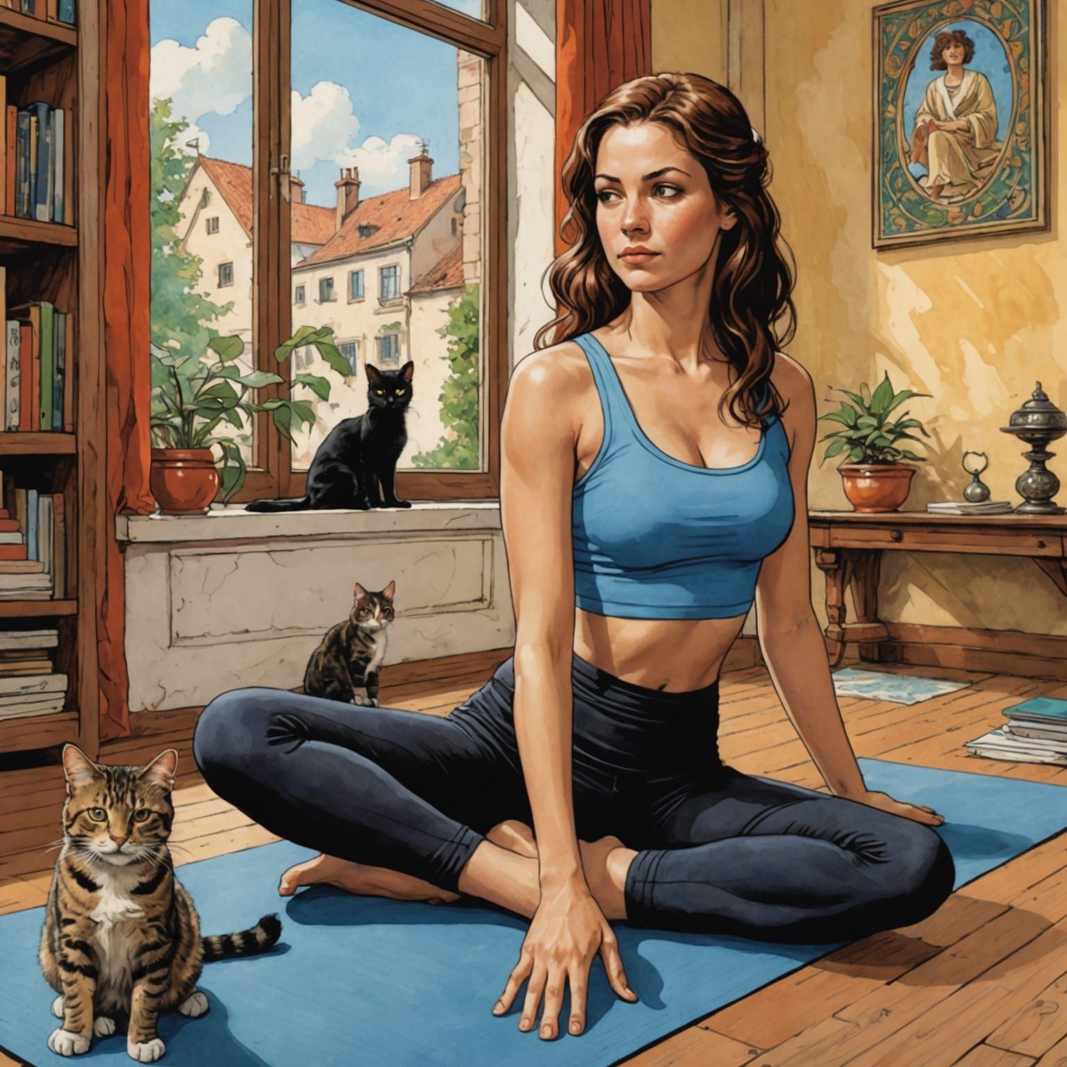 Cat Photobombs Yoga in Comic Book Style
