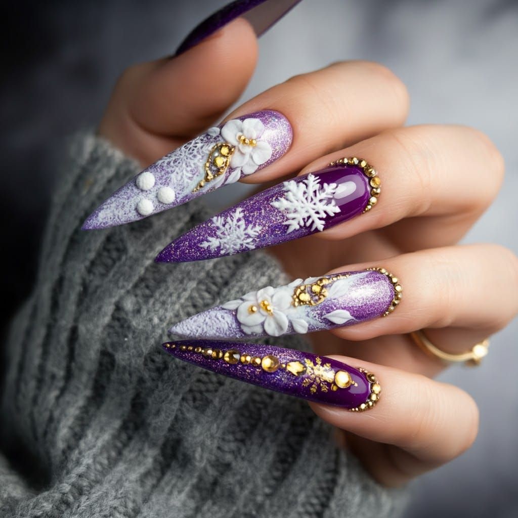 Opulent 3D Nail Art with Winter Design