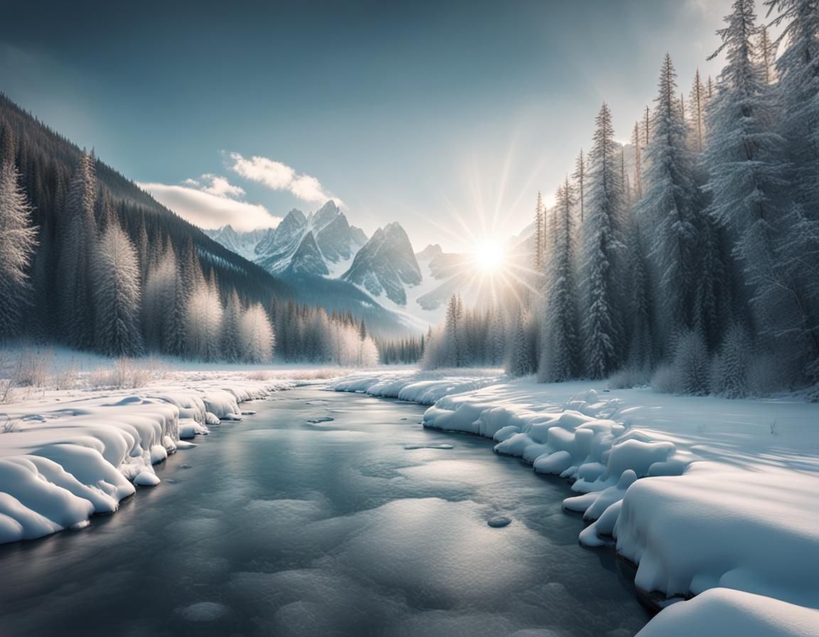 Winter River Scene with Mountains and Forest