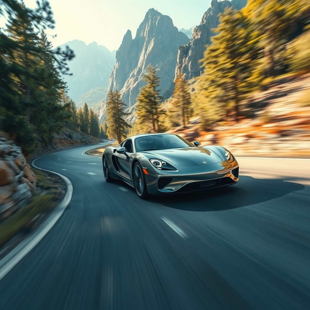 Luxury Chrome Sports Car Speeds Down Winding Mountain Road