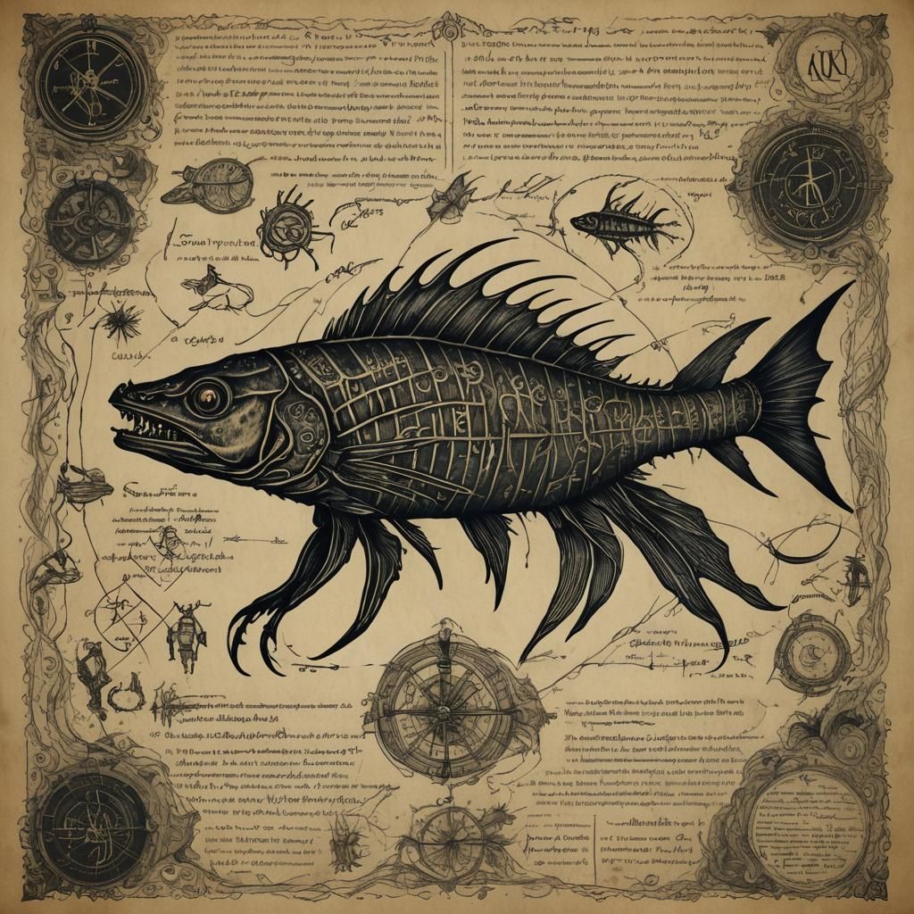 Lovecraftian Necronomicon Pages: Insect Fish Anatomy