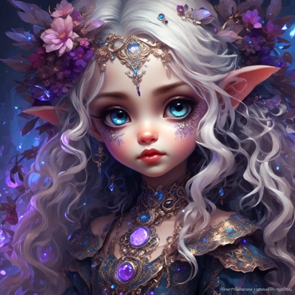 Detailed Chibi Dark Elf with Bioluminescent Runes