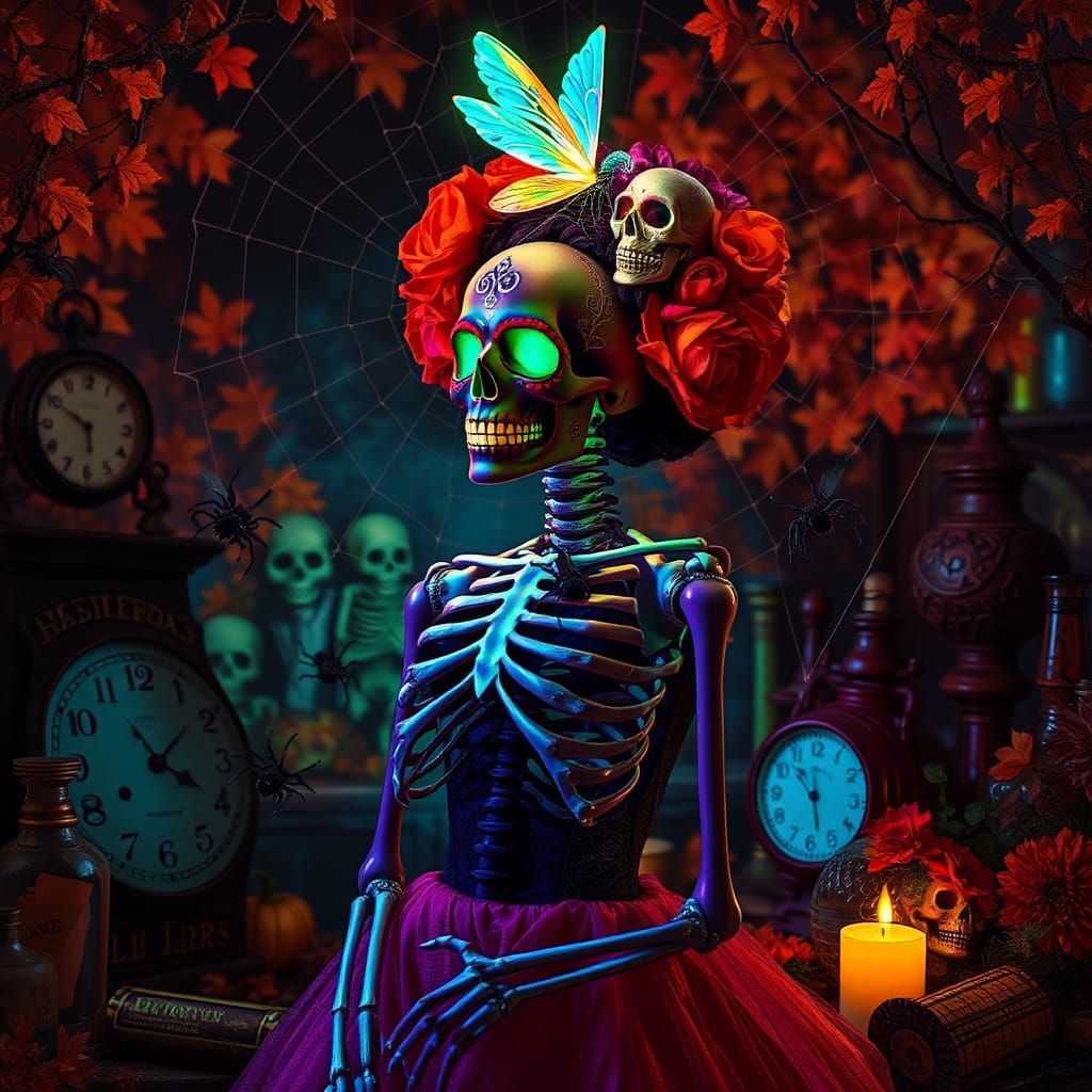 Fluorescent Catrina in Surreal Halloween Dreamscape