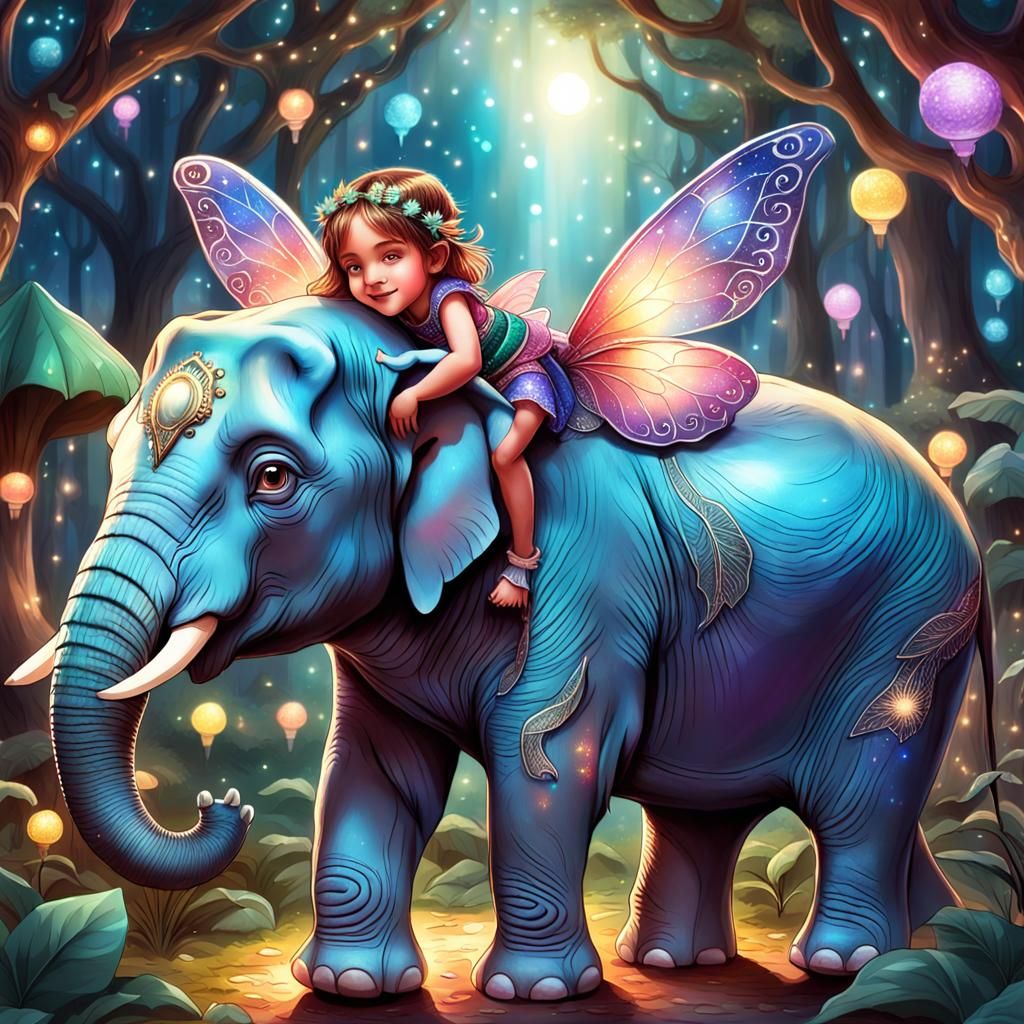 Joyful Fairy and Elephant Hug: Cosmic Illustration