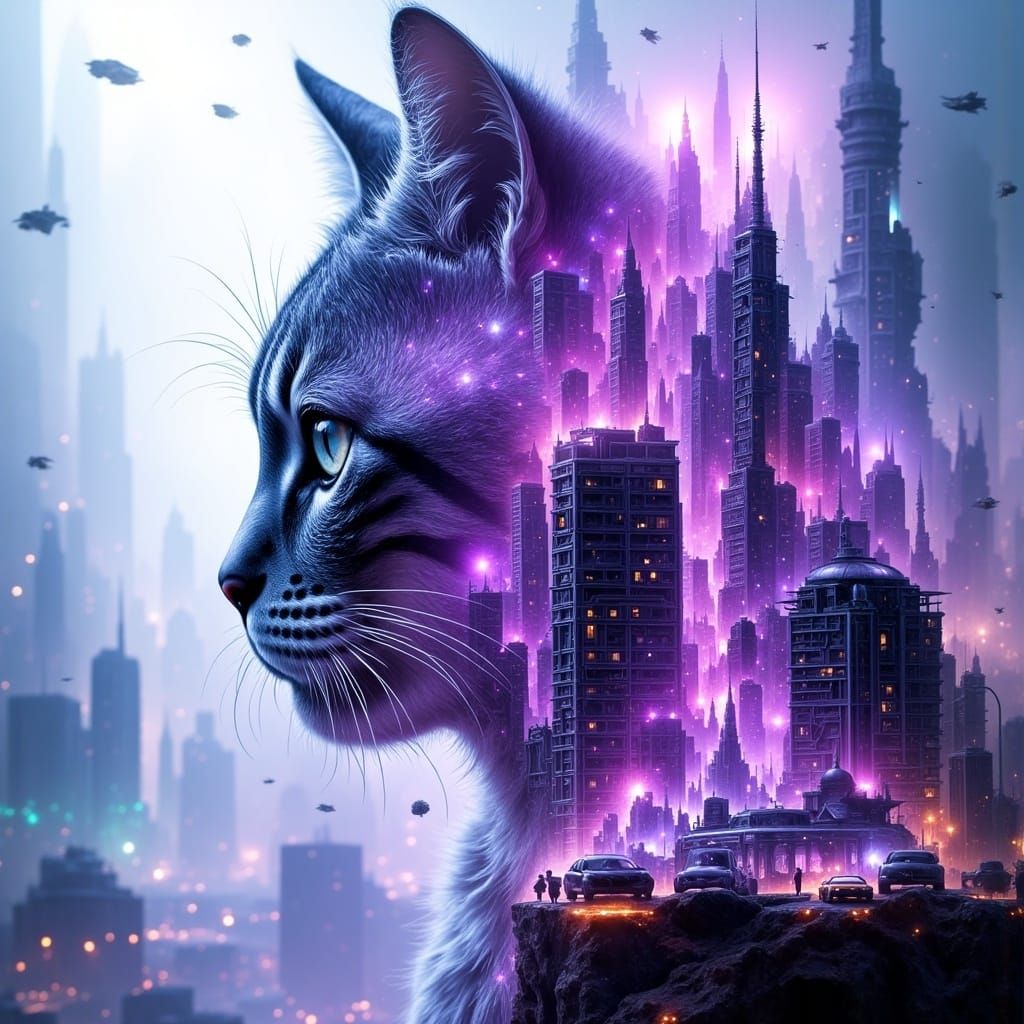 Surreal Futuristic Cat in Double Exposure