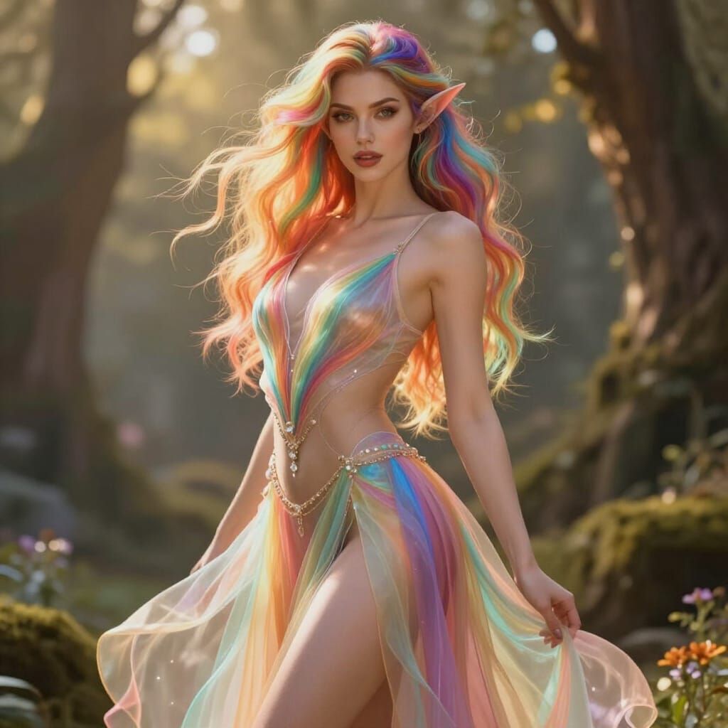 Elfin Enchantress with Rainbow Hair in Golden Hour