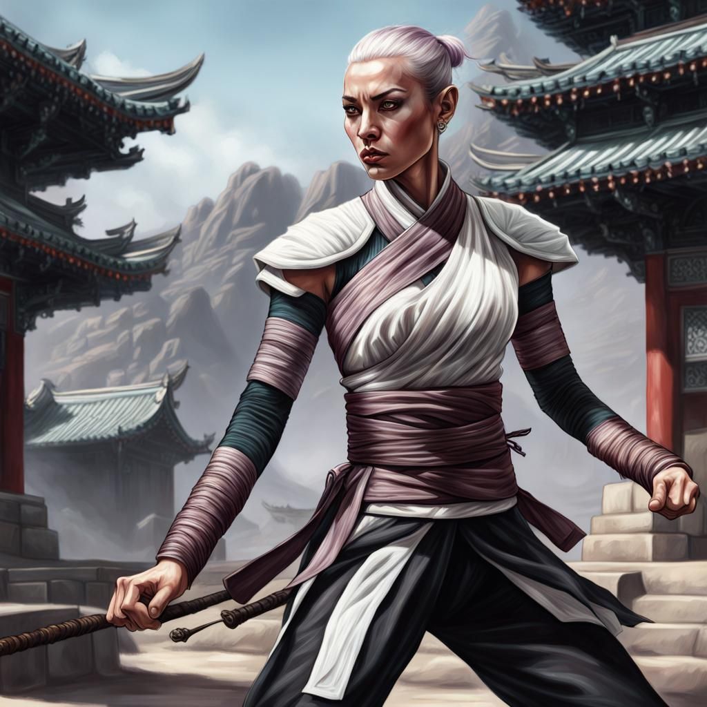 Spectral Elven Monk Practicing Kata in Hyperrealistic Style