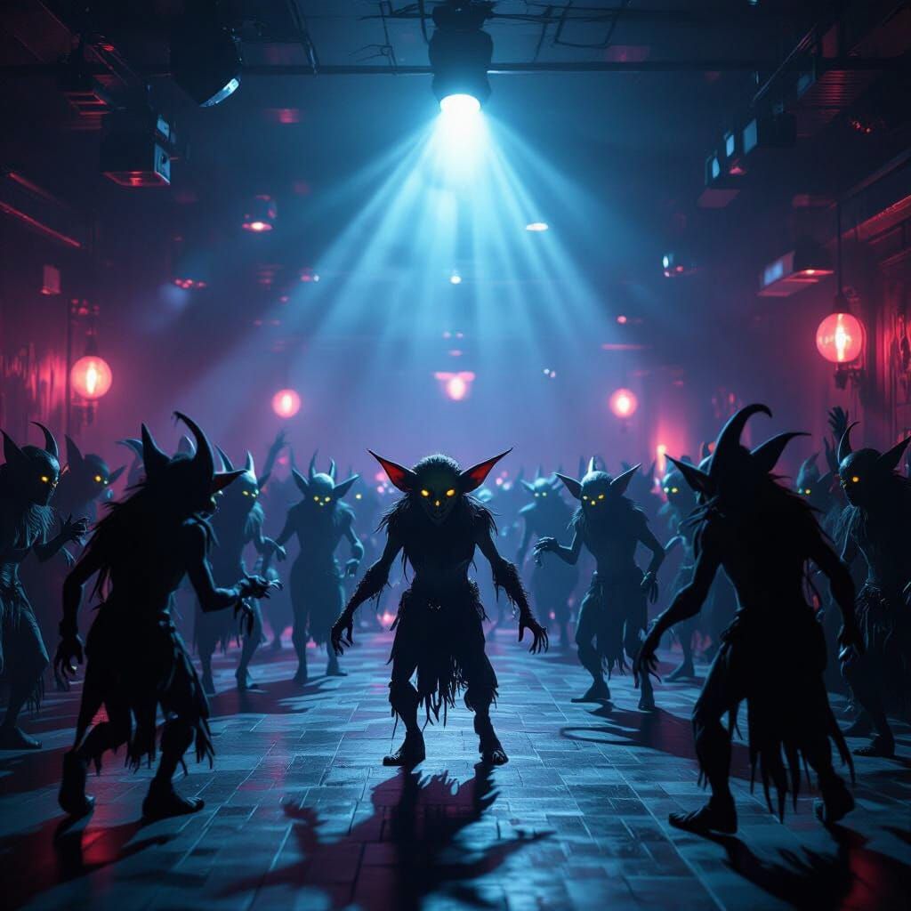 Goblins Dancing in Dimly Lit Realistic Disco Room