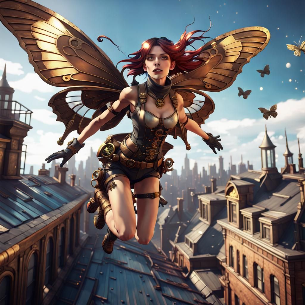 Steampunk Girl with Butterfly Wings on Rooftop