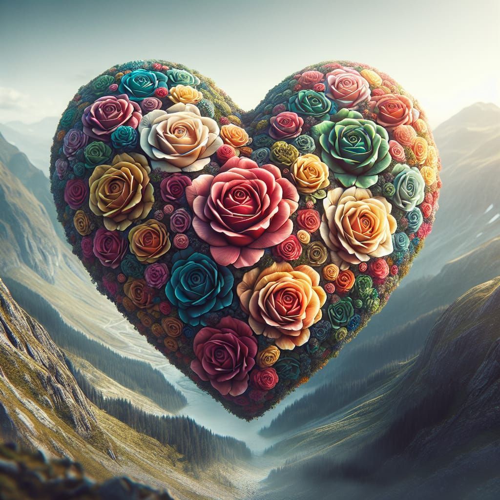 A Serene Heart of Roses Etched on a Peaceful Mountain