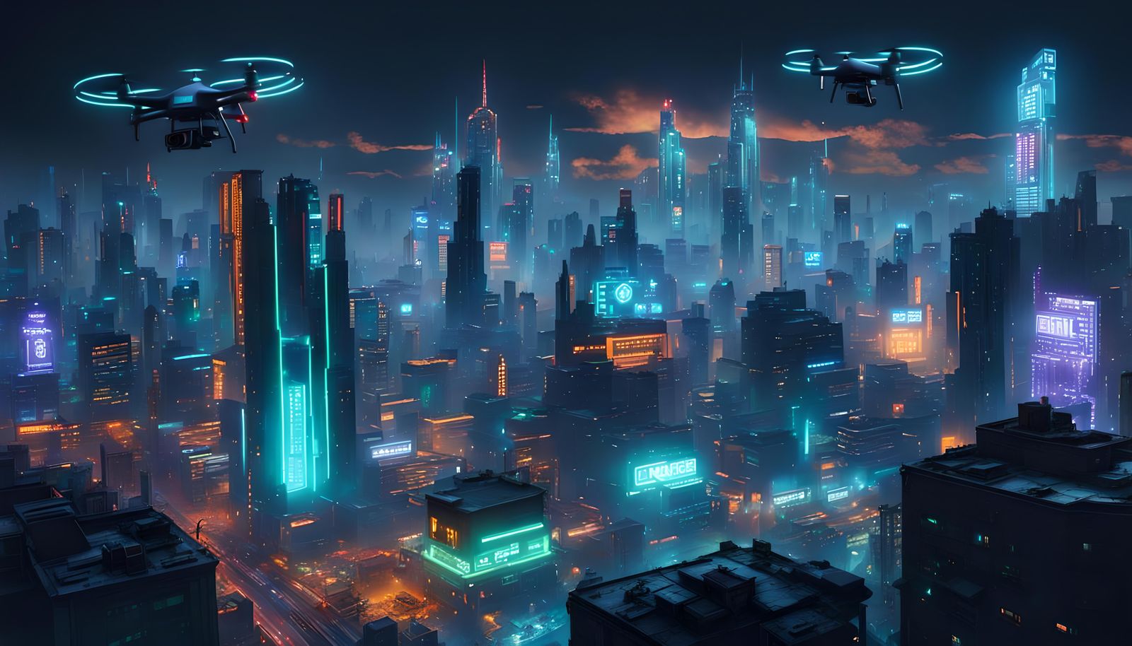 Cyberpunk Post-Apocalyptic Cityscape with Flying Drones