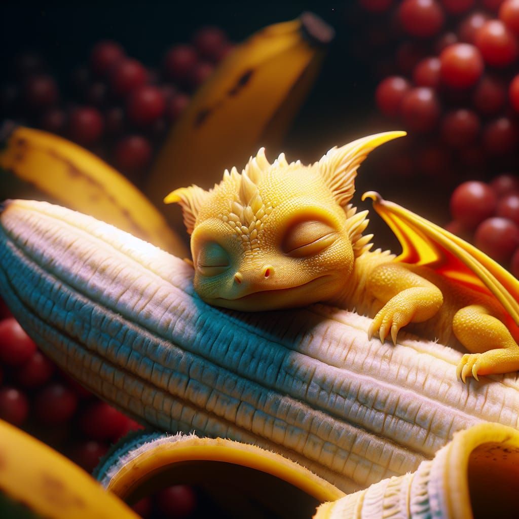 Tiny Yellow Dragon Asleep on Banana: Matte Painting