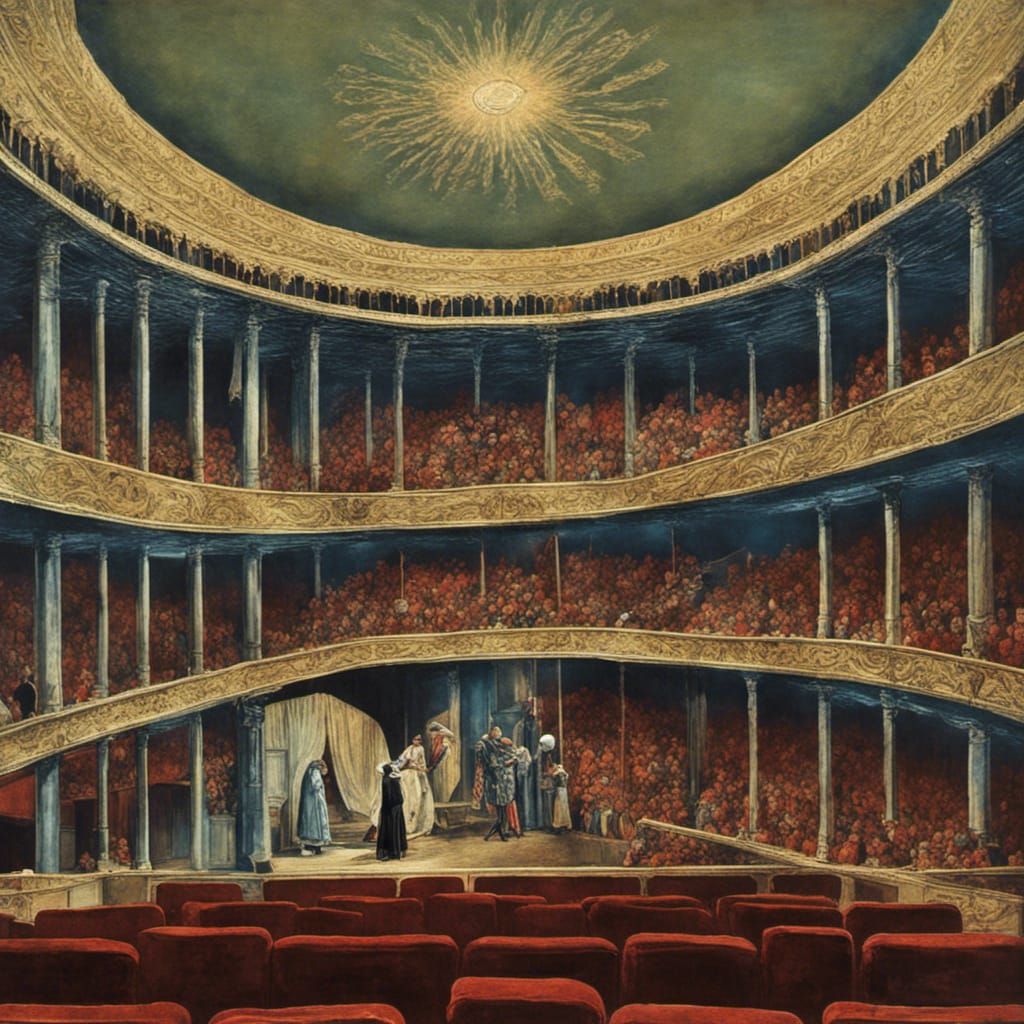 Luciano Pavarotti performing opera in theater putting on a play mod space Canaletto great detail in color deep color Ama...