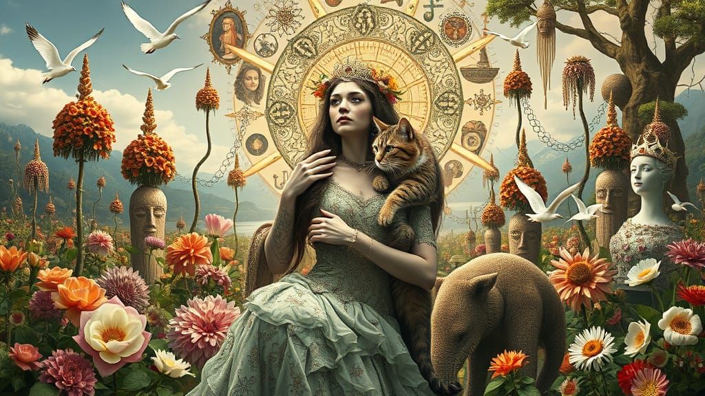 Surreal Garden Party: Woman, Cat, and Fantasy Flora