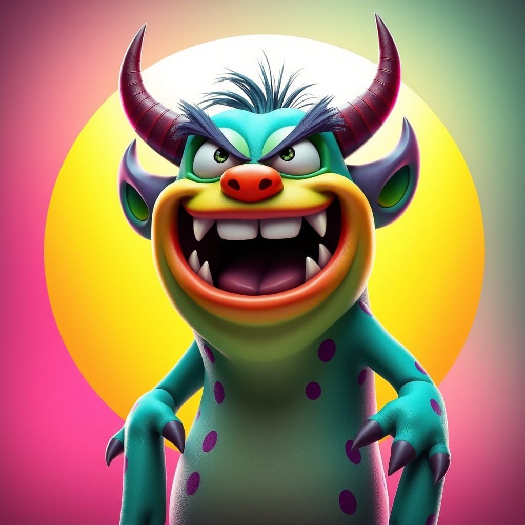 Whimsical 3D Cartoon Monster with Retro-Futuristic Style